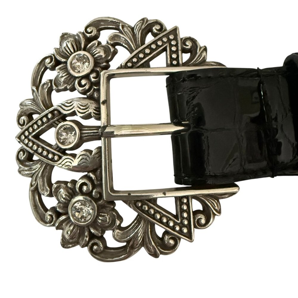 Vintage Brighton Empire Lace Black Croc Embossed Patent Leather Belt Crystals - Picture 15 of 16